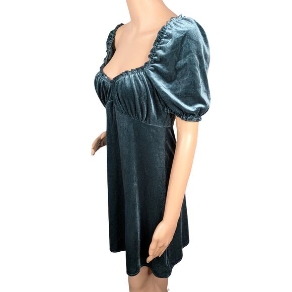 Urban Outfitters Cassandra Green Velvet Puff Sleeve Empire Milkmaid Mini Dress M - Picture 6 of 11